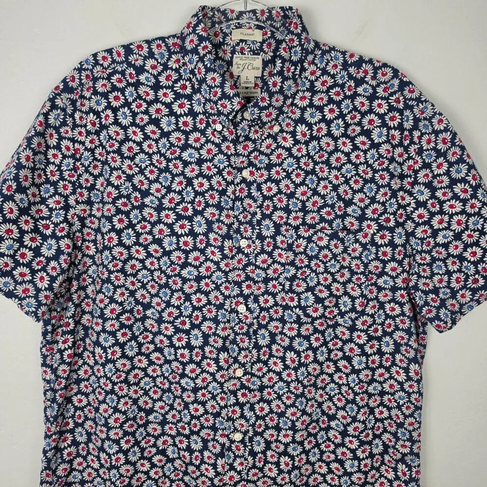 J. Crew Button Down Shirt Poplin Short Sleeve Organic Cotton Floral Navy Size L